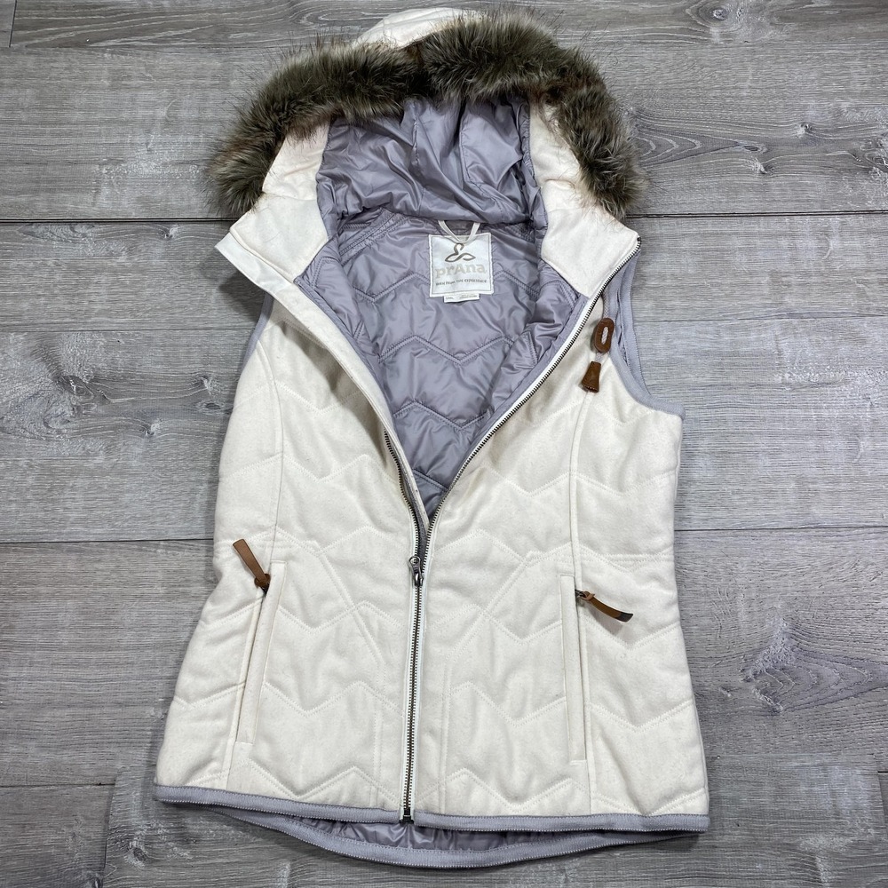PrAna‎ Puffer Vest Womens Small White Quilted Hooded Wool Blend Faux Fur Trim